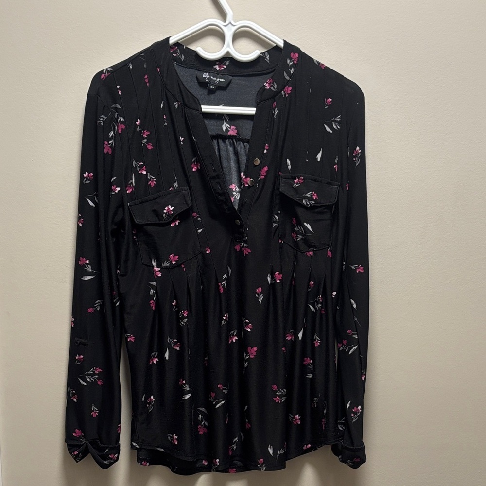Black Floral V-Neck Blouse with Pink Blossoms - Women